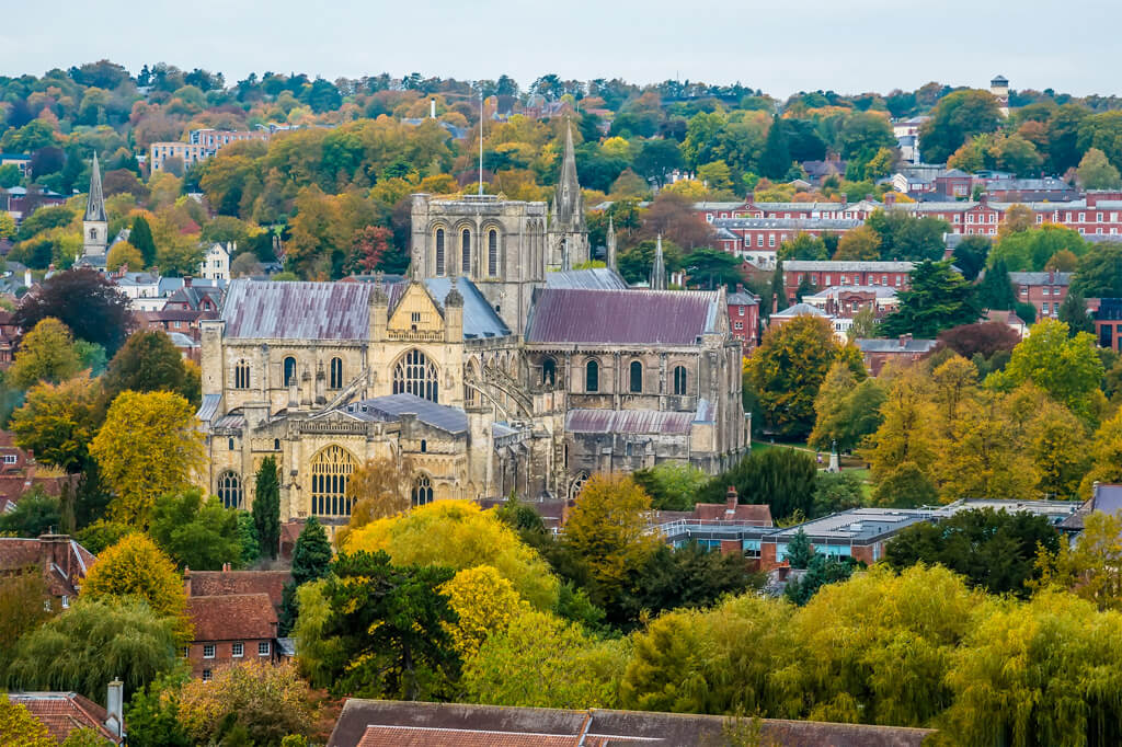 A view of Winchester from a hillside showing the cathedral surrounded by mature trees and many period buildings.