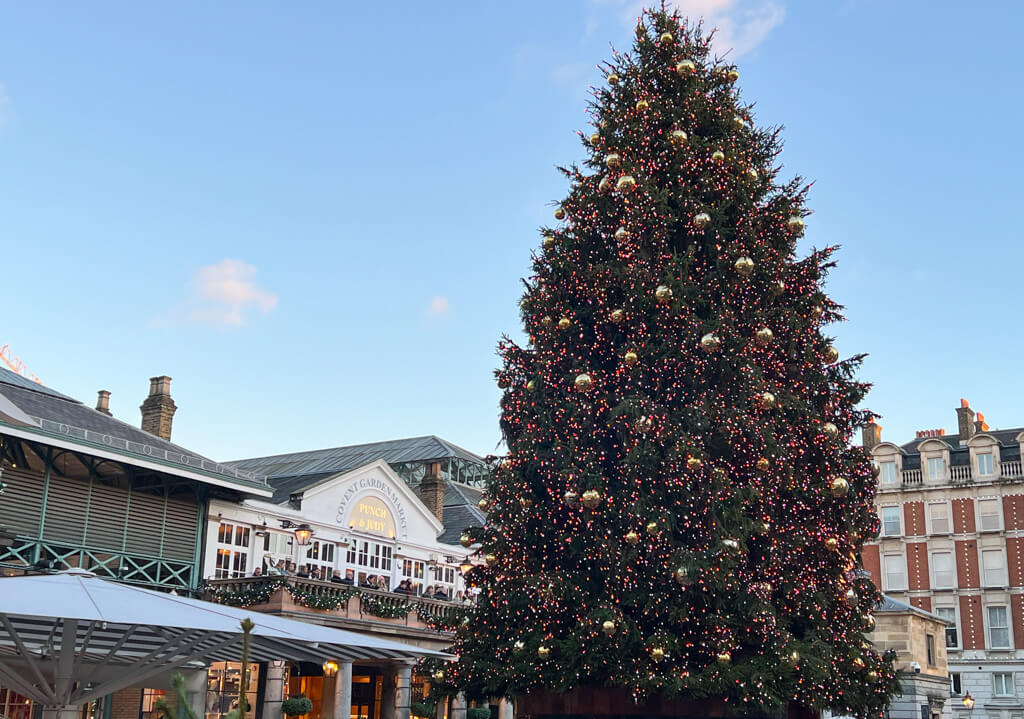 Tall Christmas tree in Piazza at Covent Garden at Christmas. Copyright@2024 mapandfamily.com