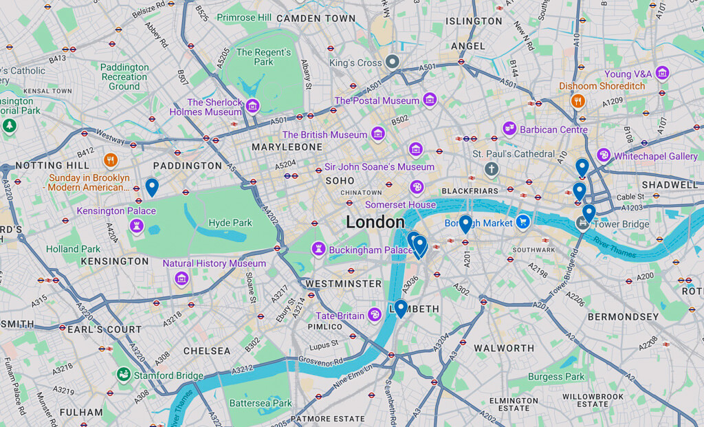 Map showing some of the best cheap London hotels with views. 