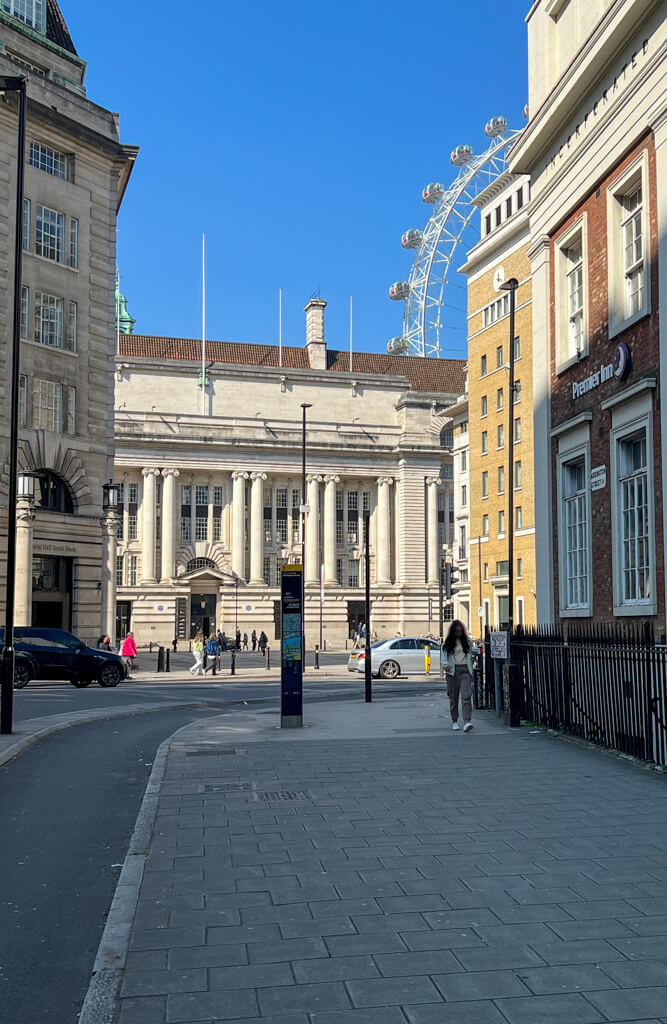 Historic London square with County Hall and partial view of London Eye in background. Copyright@2025NancyRoberts